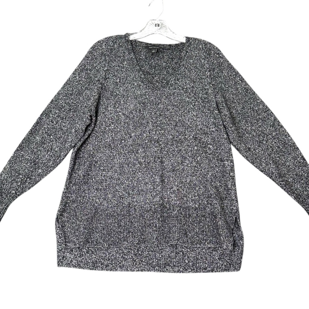 Ann Taylor Women’s Sz M Black/White Marled Wool Blend V-Neck Long Sleeve Sweater